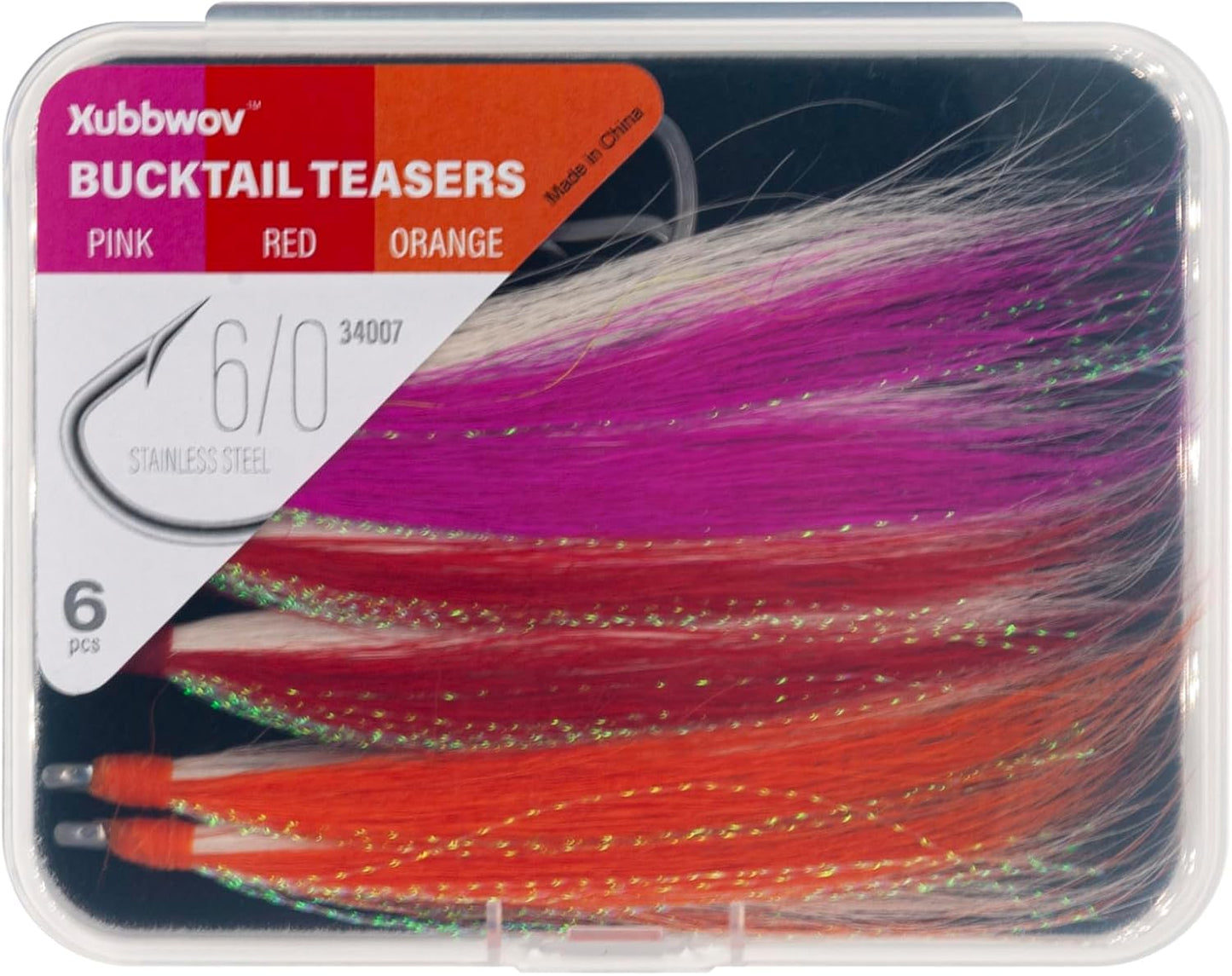 6 pcs Bucktail Teasers 6/0 Hooks 3 Color (Pink Red Orange)