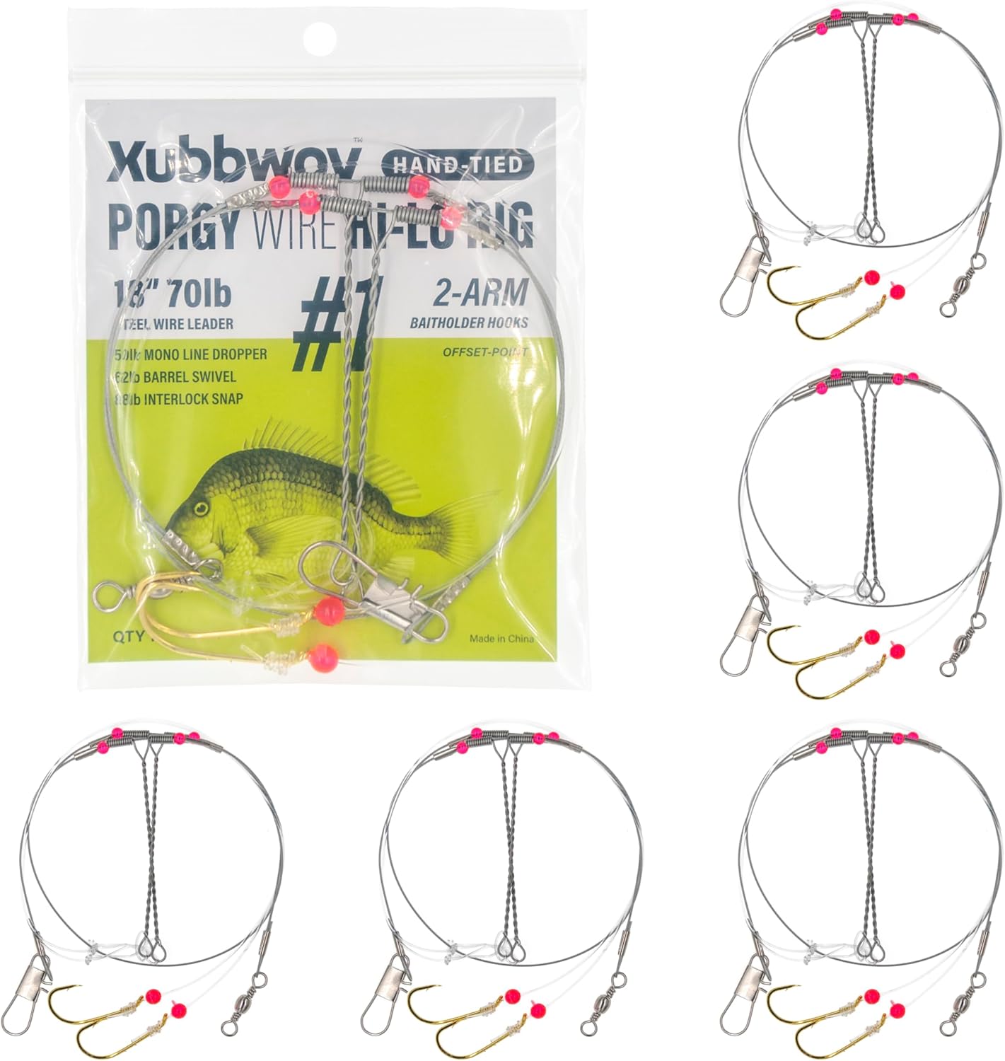 6-Pack Saltwater Fishing Rigs Porgy Wire Hi-Lo Rig #1