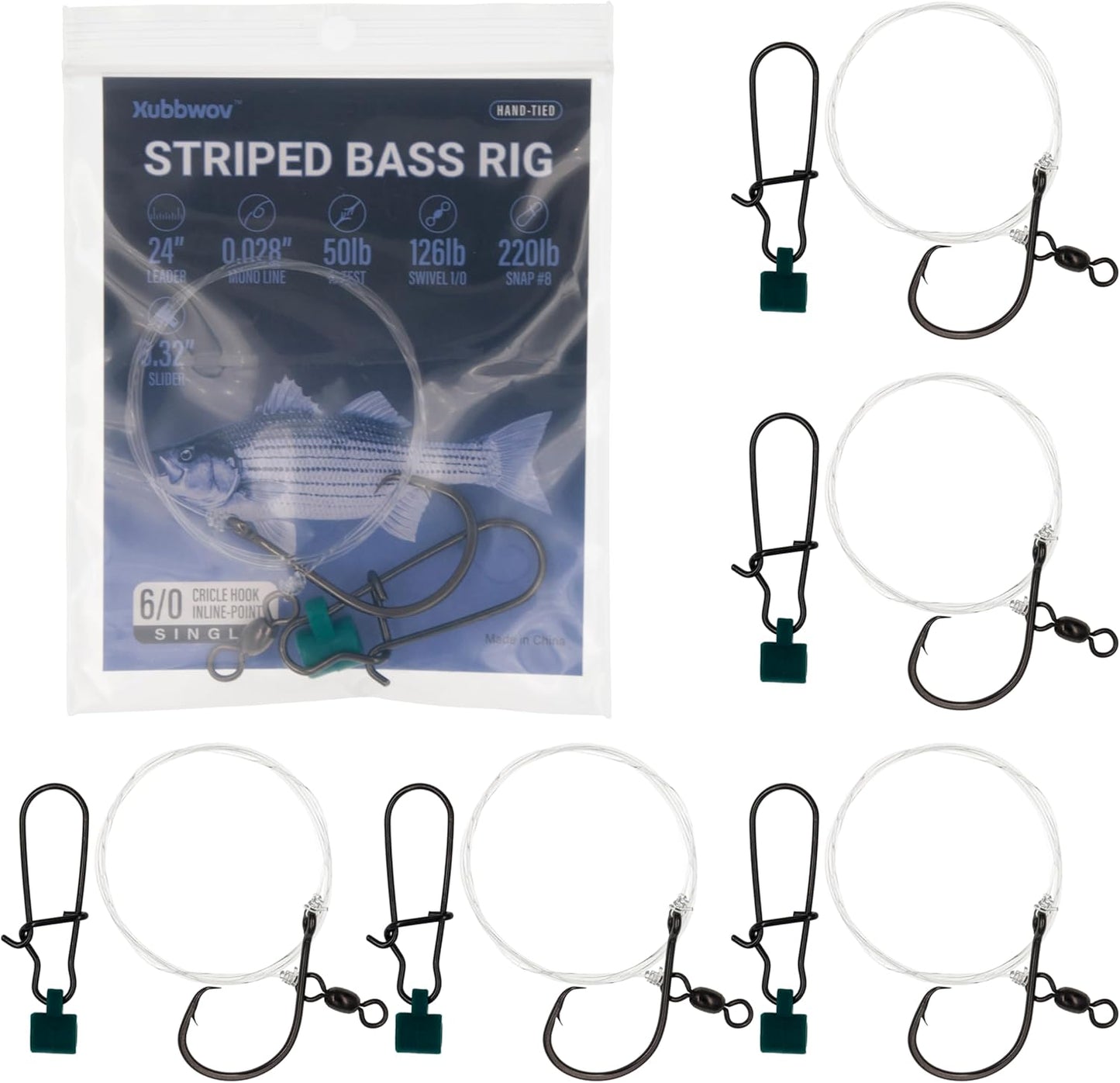 Striped Bass Rigs, 6/0 Inline Circle Hook 6-Pack Hand-Tied