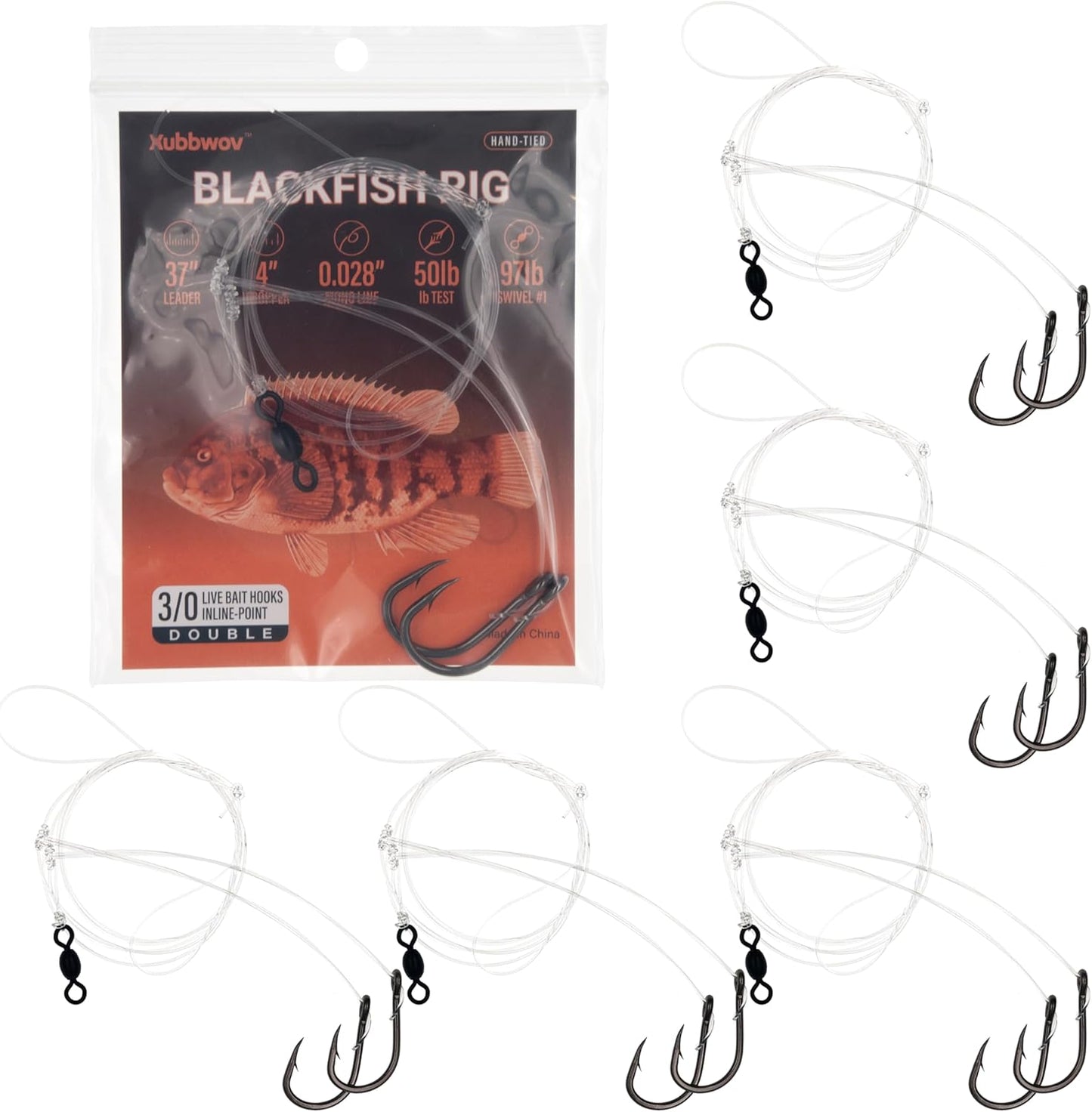 Blackfish Tautog Rig Hand-Tied Hi-Lo Rig - 3/0 Double Hooks 6 Pack