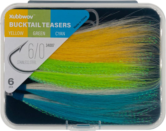 6 pcs Bucktail Teasers 6/0 Hooks 3 Color (Yellow Green Cyan)
