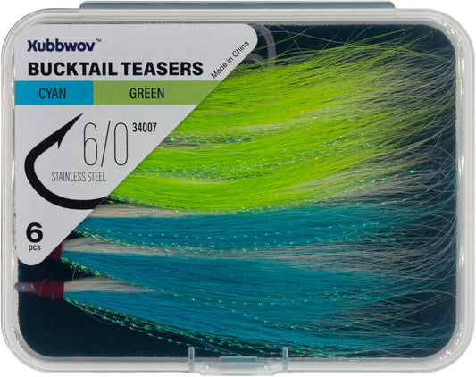 6 pcs Bucktail Teasers 6/0 Hooks 2 Color (Green Cyan)