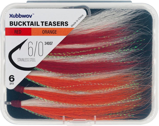 6 pcs Bucktail Teasers 6/0 Hooks 2 Color (Orange Red)