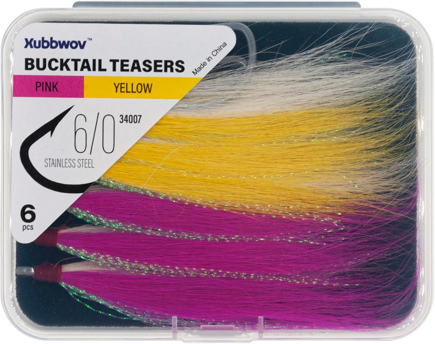 6 pcs Bucktail Teasers Hooks 6/0 Hooks 2 Color (Yellow Pink)