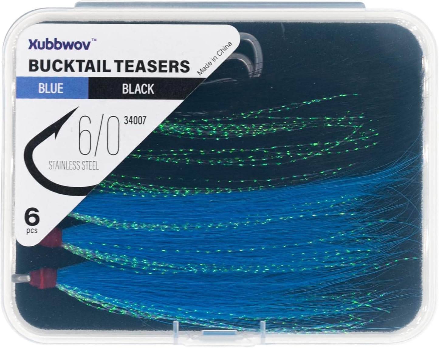 6 pcs Bucktail Teasers 6/0 Hooks 2 Color (Blue Black)