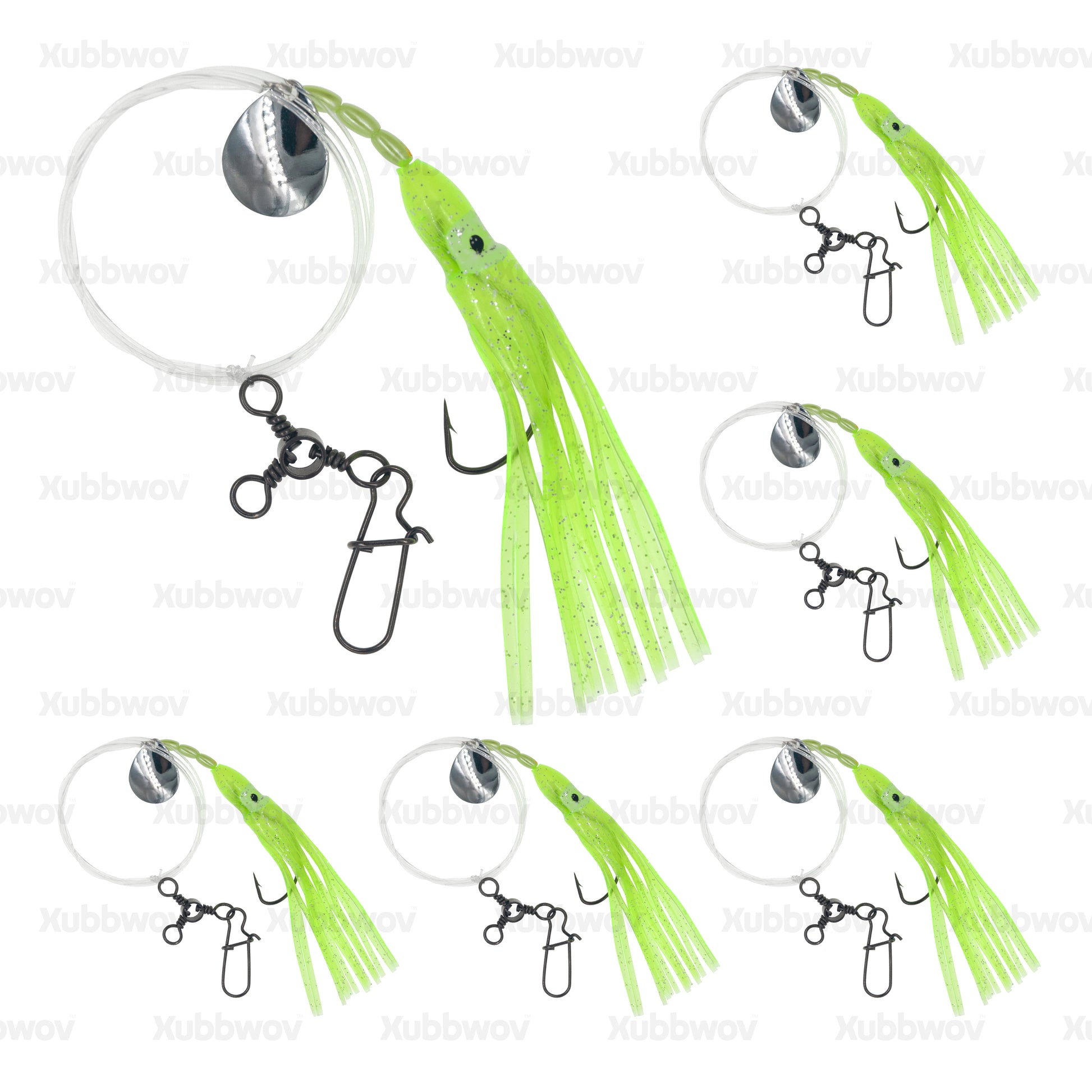 Xubbwov 6-Pack Fluke Rigs | 3/0 Kahle Hook | Green Squid Spinner