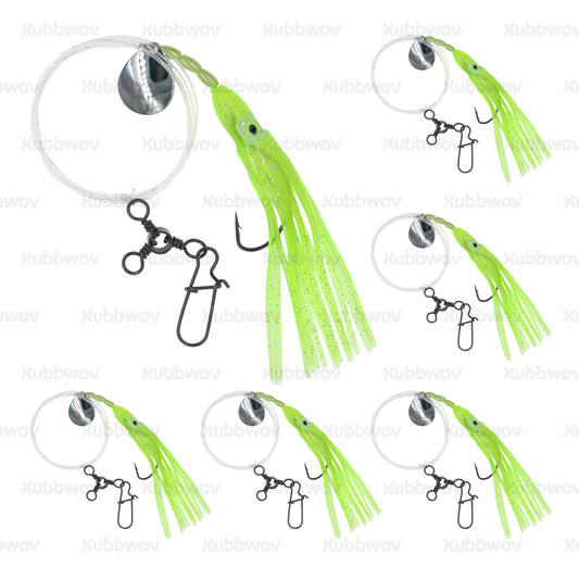 Xubbwov 6-Pack Fluke Rigs | 3/0 Kahle Hook | Green Squid Spinner