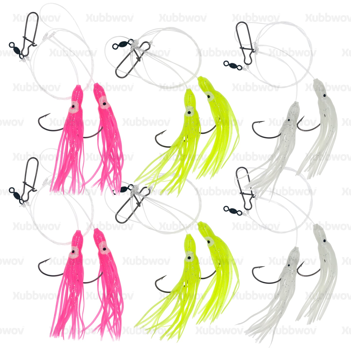 Xubbwov 6-Pack Hi-Lo Fluke Rigs | Double 3/0 Kahle | 3-Color Glow