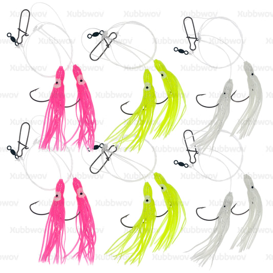 Xubbwov 6-Pack Hi-Lo Fluke Rigs | Double 3/0 Kahle | 3-Color Glow