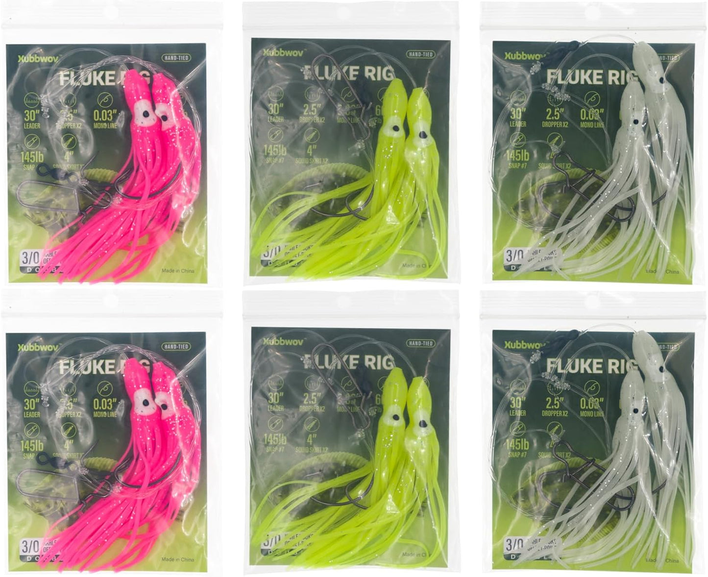 6-Pack Hi-Lo Fluke Rigs Double 3/0 Kahle Hook