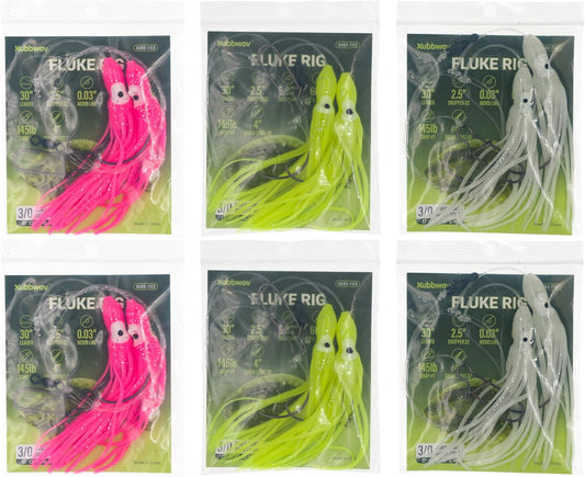 6-Pack Hi-Lo Fluke Rigs Double 3/0 Kahle Hook