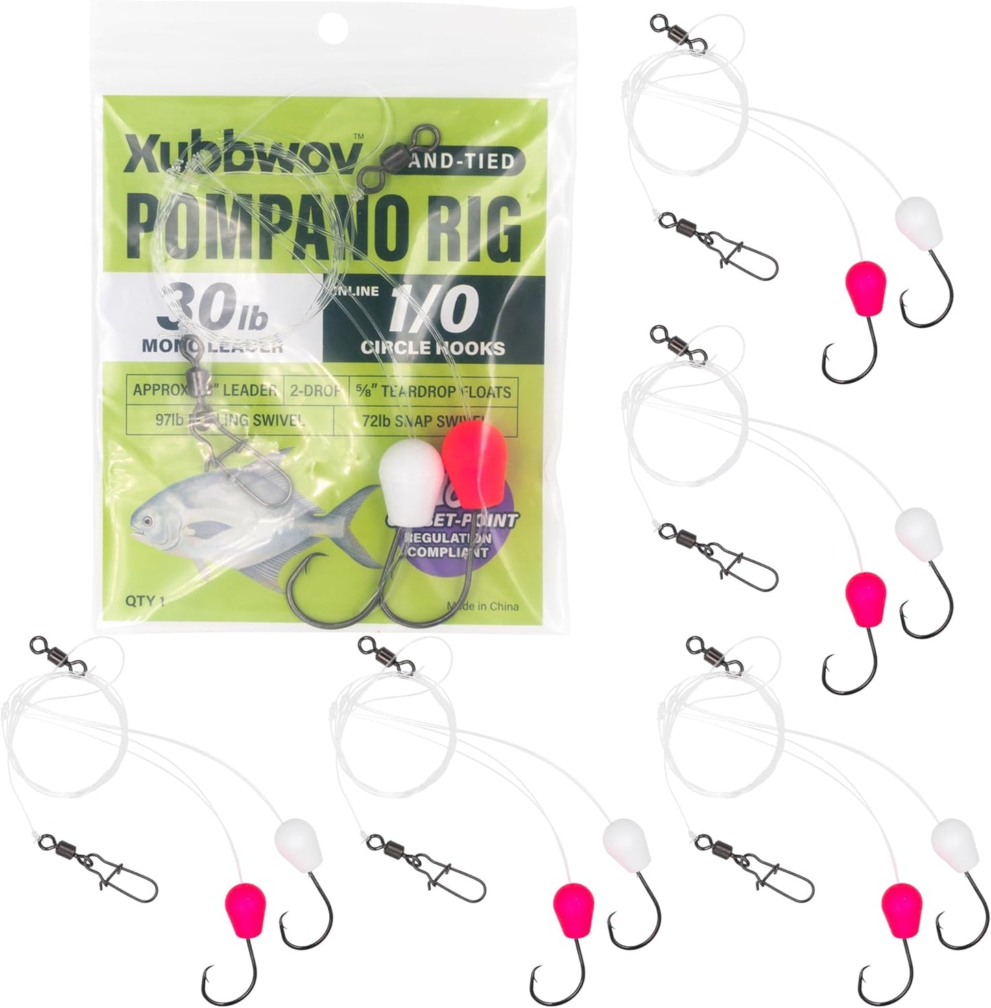 Pompano Surf Saltwater Fishing Rig 1/0 6-Pack | Hand-Tied White-Pink