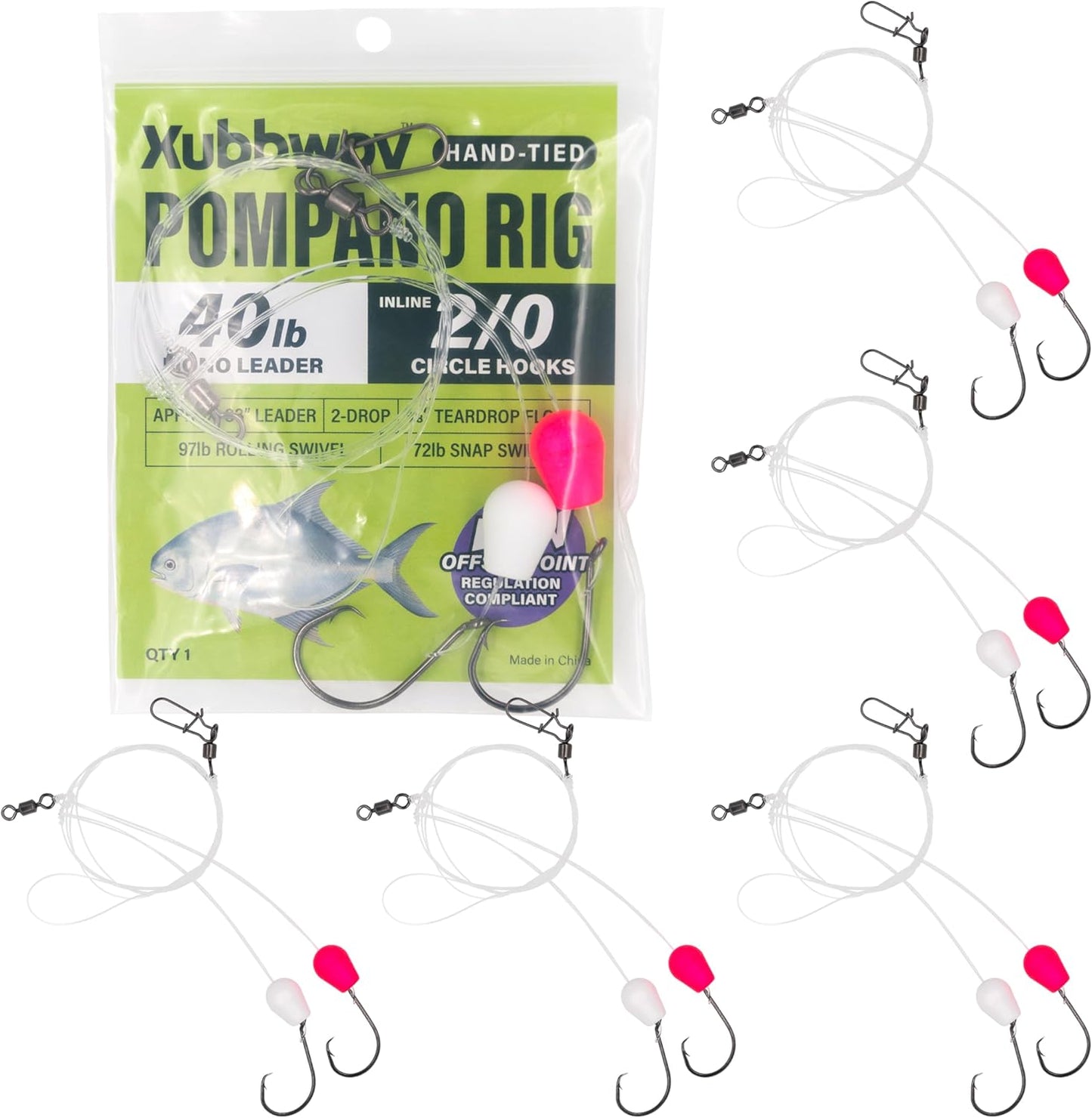 Pompano Surf Saltwater Fishing Rig 2/0 6-Pack | Hand-Tied White-Pink