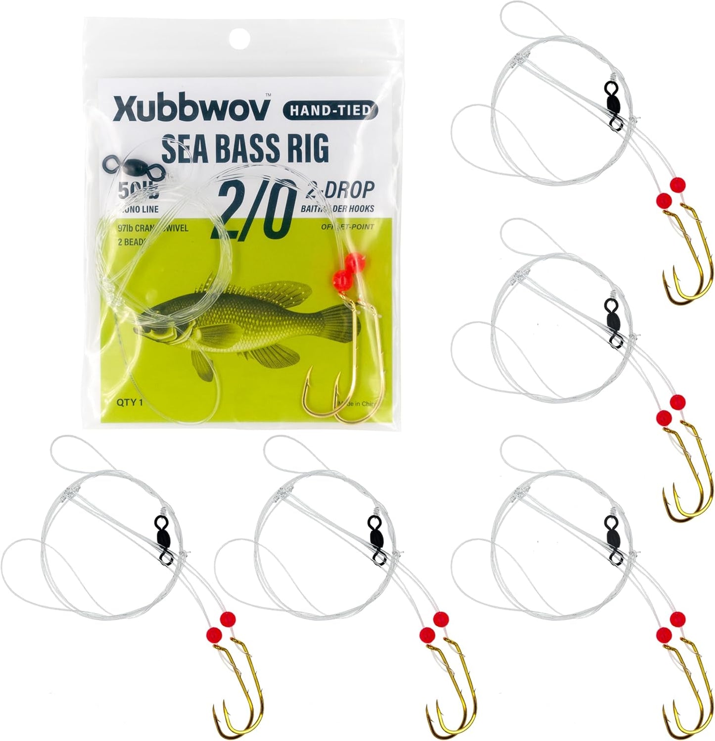 Sea Bass Rigs, Hand-Tied 6-Pack Hi-Lo Saltwater Fishing Rigs 2/0