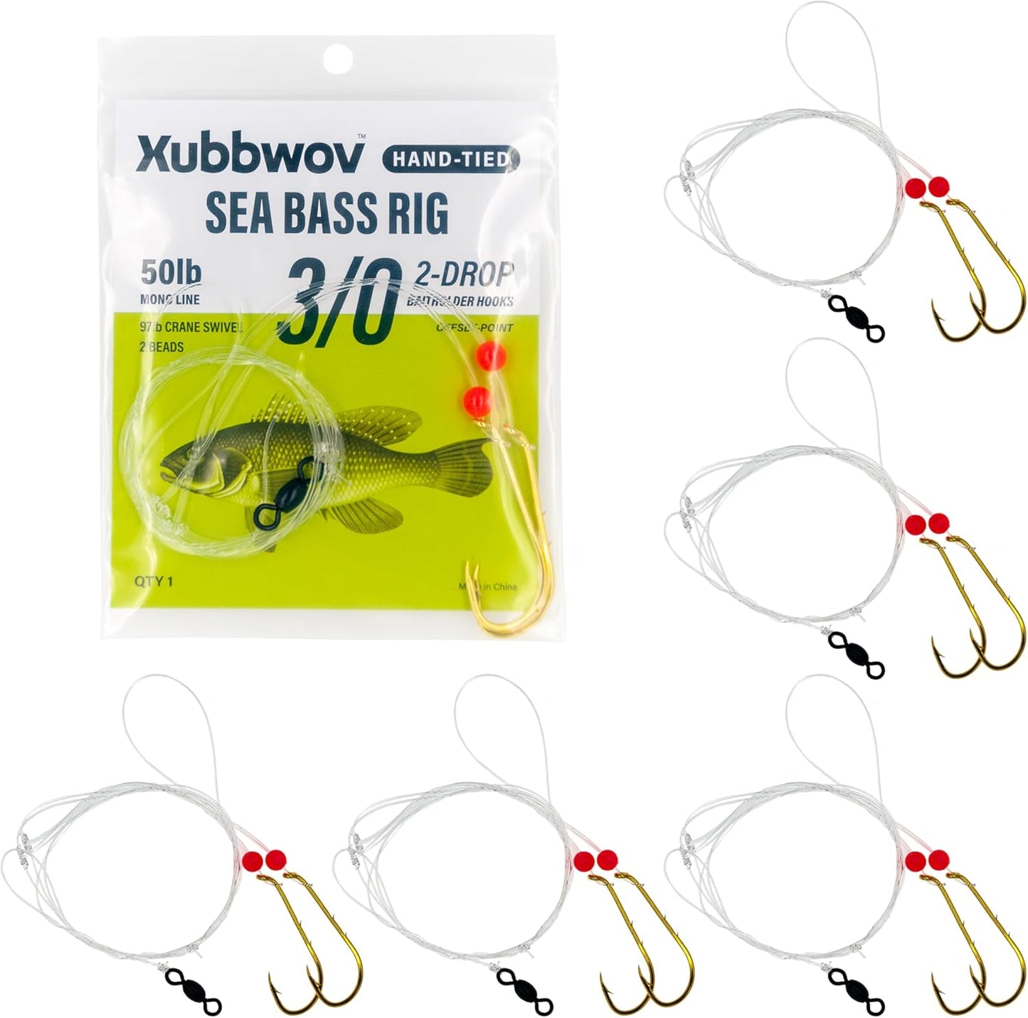 Sea Bass Rigs, Hand-Tied 6-Pack Hi-Lo Saltwater Fishing Rigs 3/0