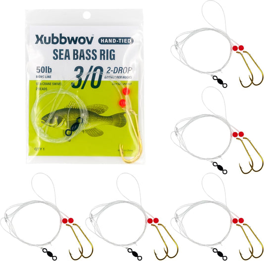 Sea Bass Rigs, Hand-Tied 6-Pack Hi-Lo Saltwater Fishing Rigs 3/0