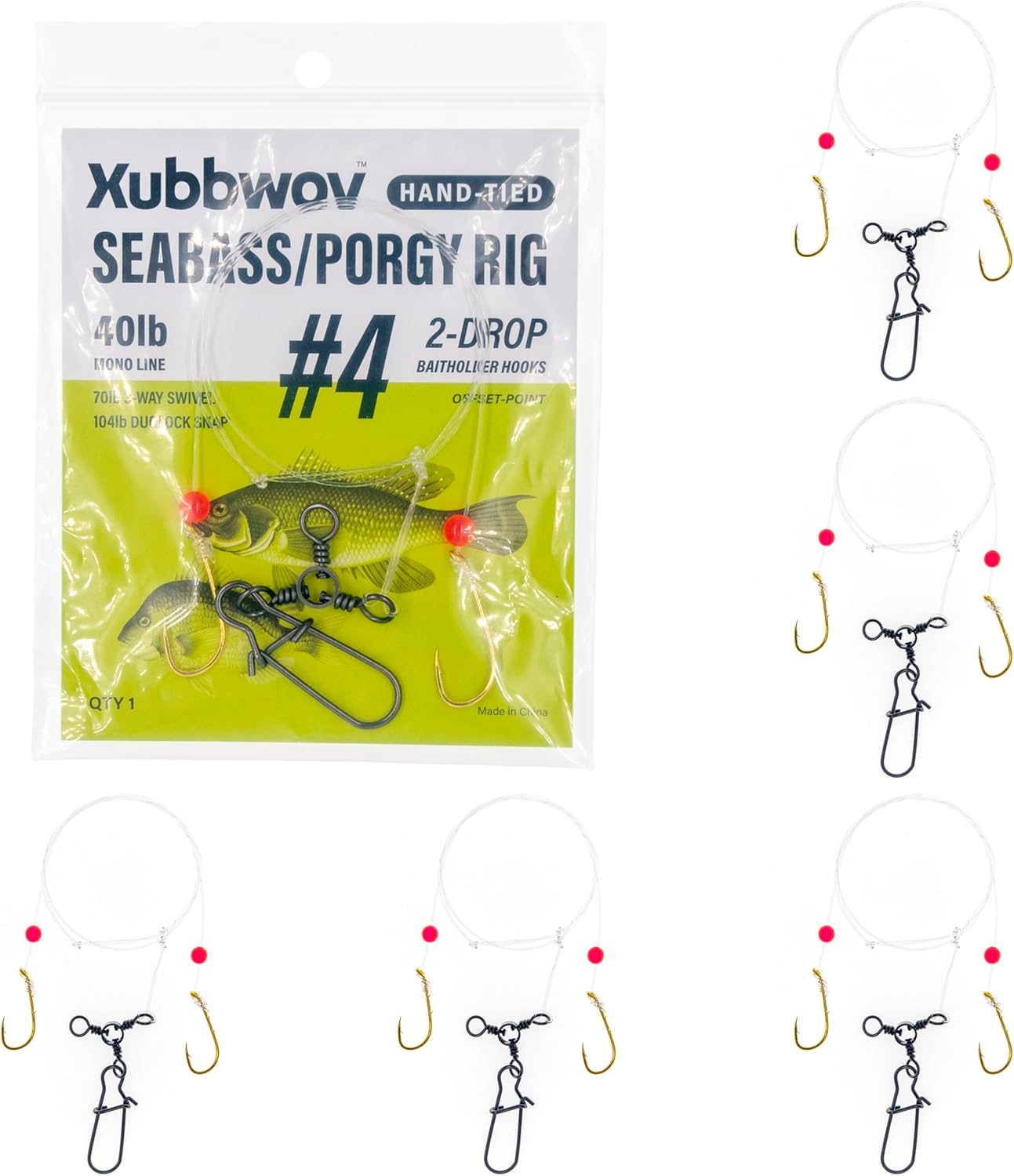 Xubbwov 6-Pack Sea Bass Porgy Rigs #4 | Gold Hooks | Double Drop